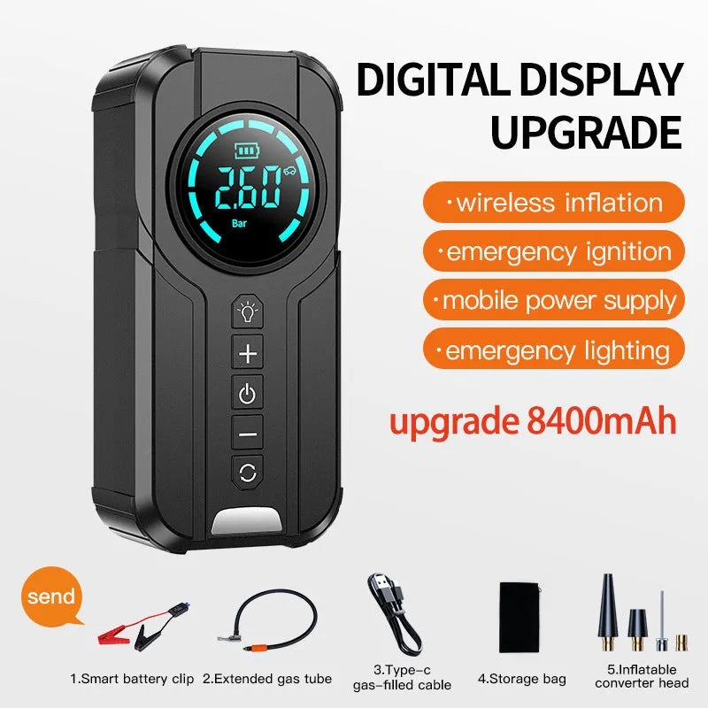 Portable wireless vehicle air pump with accessories including conversion heads and power cable