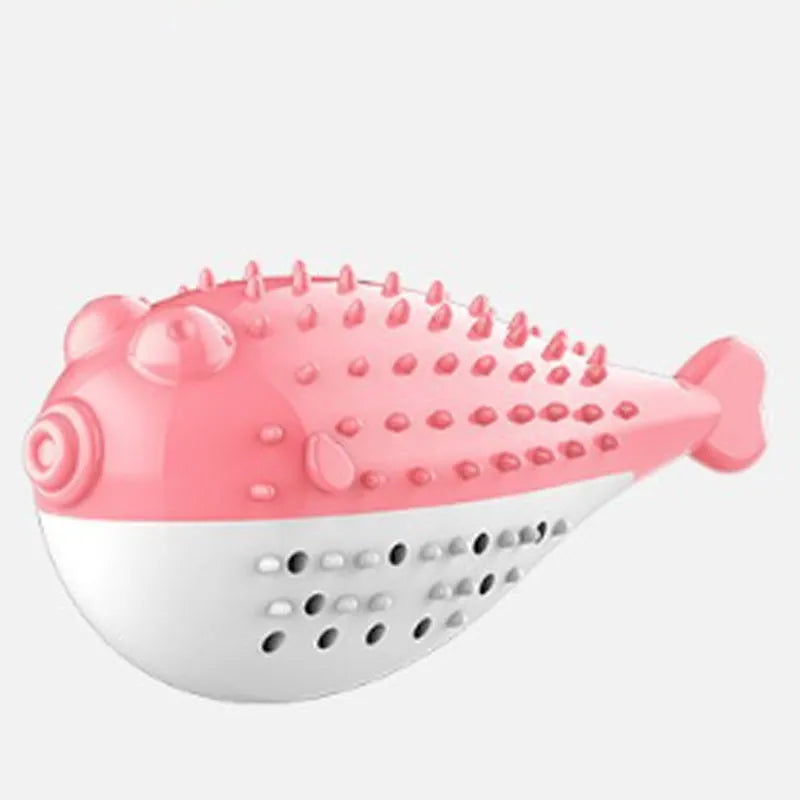 Mint Toys fish-shaped silicone cat chew toy with toothbrush feature in blue, green, pink, or yellow