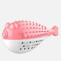 Mint Toys fish-shaped silicone cat chew toy with toothbrush feature in blue, green, pink, or yellow