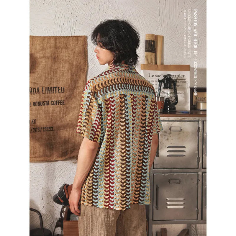 Japanese style Cuban collar short sleeve shirt in grey or red for plus size men