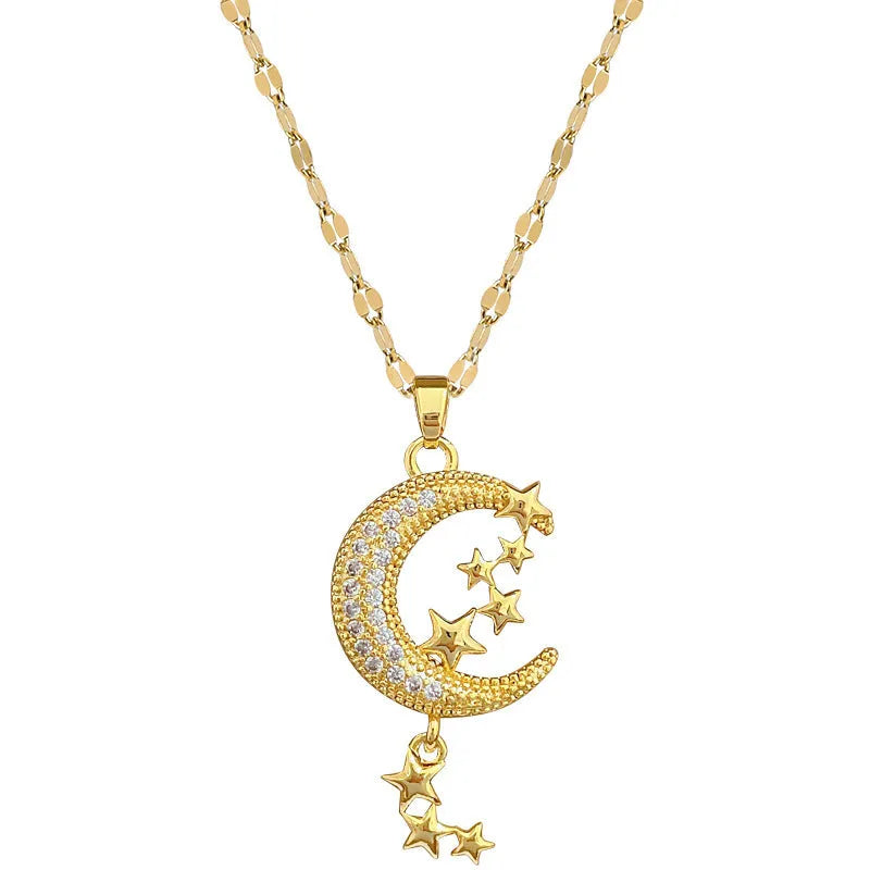 Moon-themed necklace with geometric copper pendant featuring tassel and diamond details on stainless steel chain