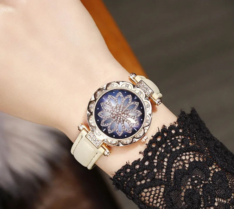 Diamond women's watch with round 32mm dial, mineral glass, and PU case in multiple colour options