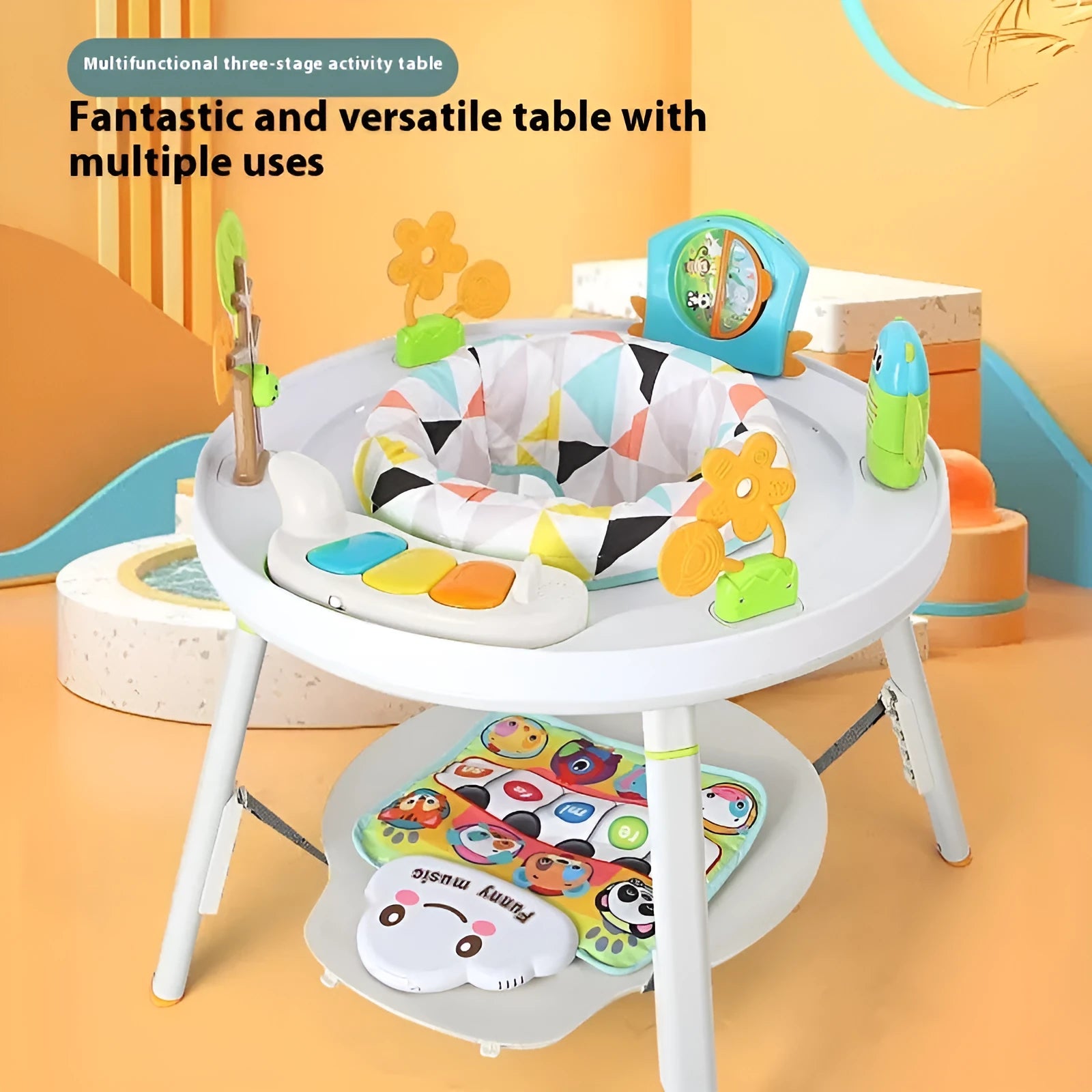 Baby jumping chair with three functions including bouncing and gymnastic rack elements in plastic construction