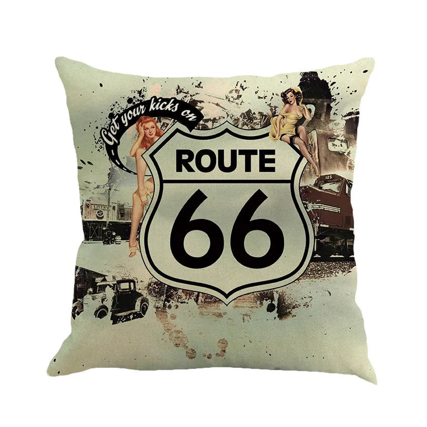 Route 66 landscape pattern on a 45cm square linen and cotton blend cushion cover.