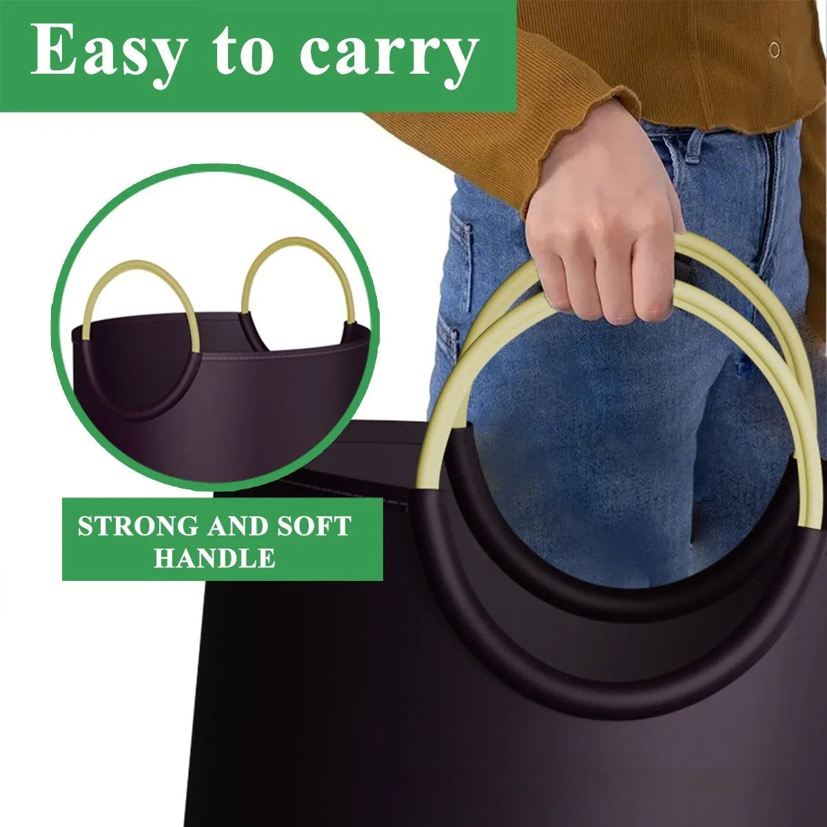 Round portable plastic trash can with dimensions 38cm wide by 72cm high