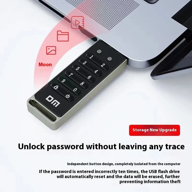 64GB metal USB flash drive with fingerprint scanner and encryption button for secure file storage