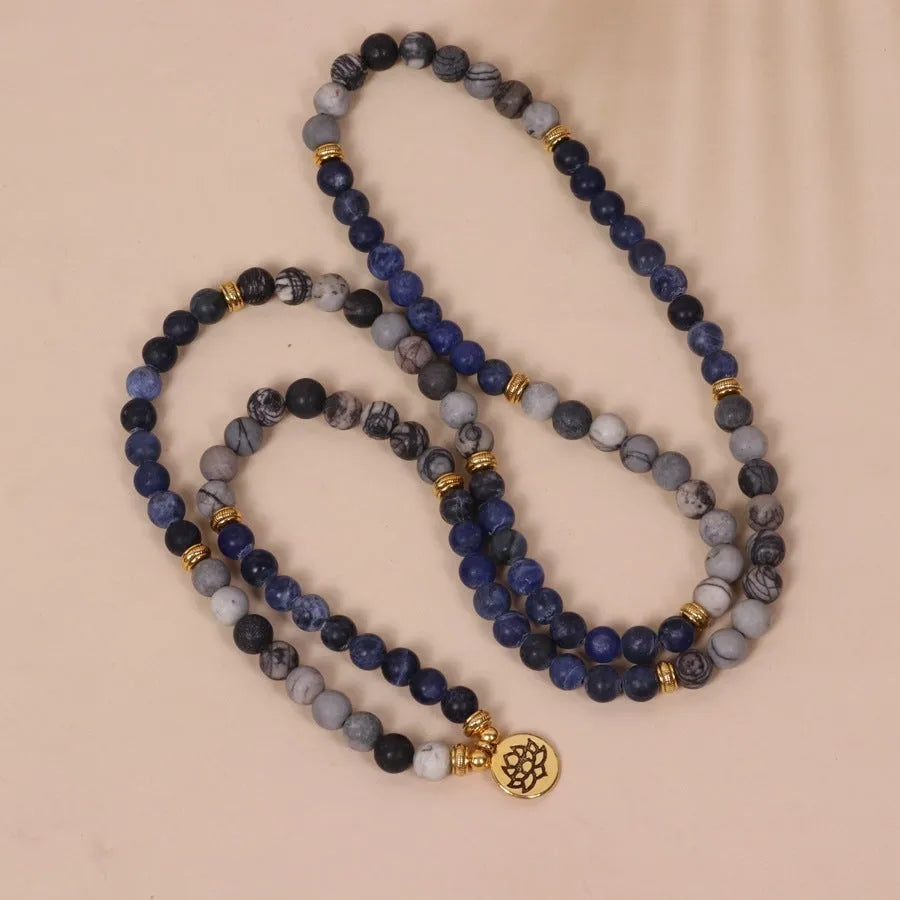 Blue patterned network stone bead multi-layer bracelet with alloy clasp on wrist