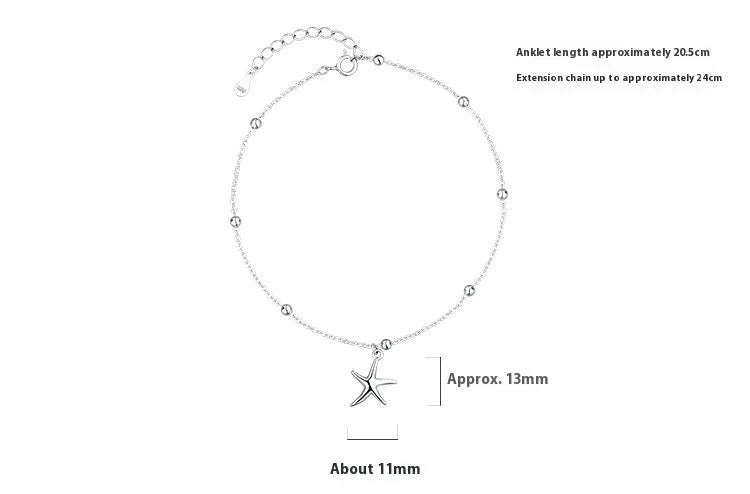 S925 sterling silver anklet with starfish charm and round beads for women