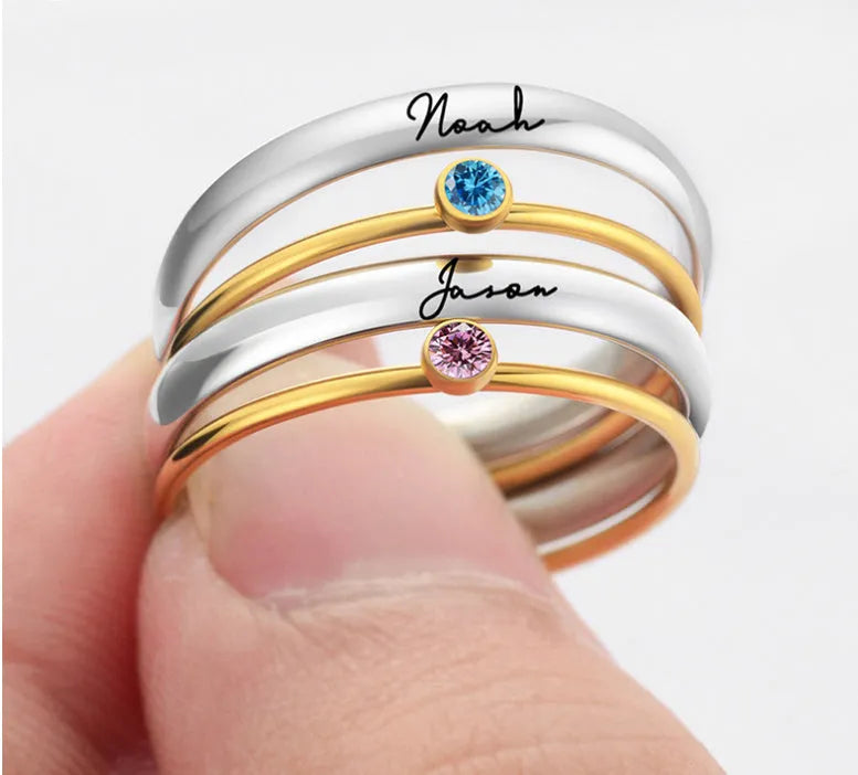 December birthstone engraved titanium steel ring with geometric design and gold-coloured handle