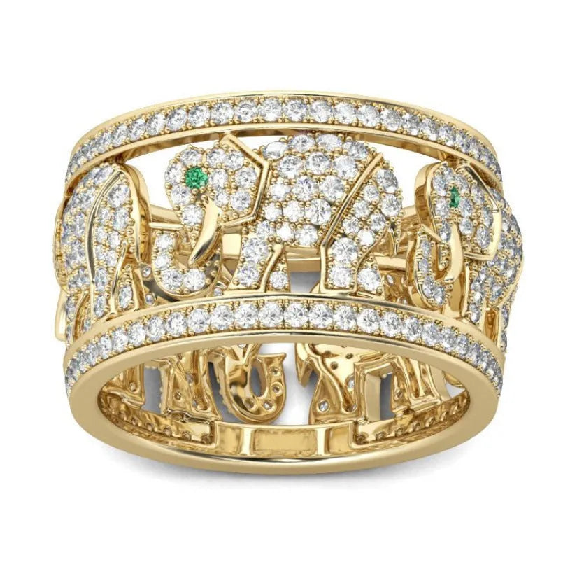 Creative elephant fashion ring with full diamond design on electroplated alloy, shown in silver and patterned colour options