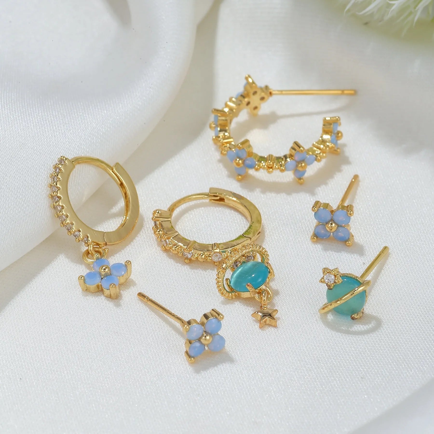 Gold and silver flower nail ear studs with zircon mosaic in Japanese Korean sweet girl style