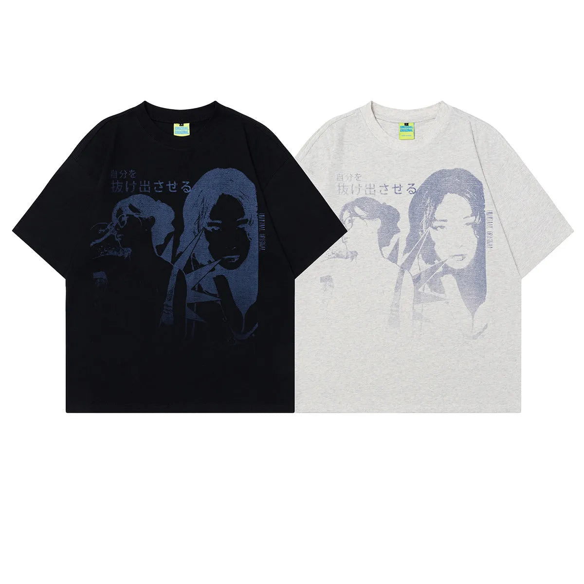 Men's black cotton T-shirt with retro character design showing front and back views