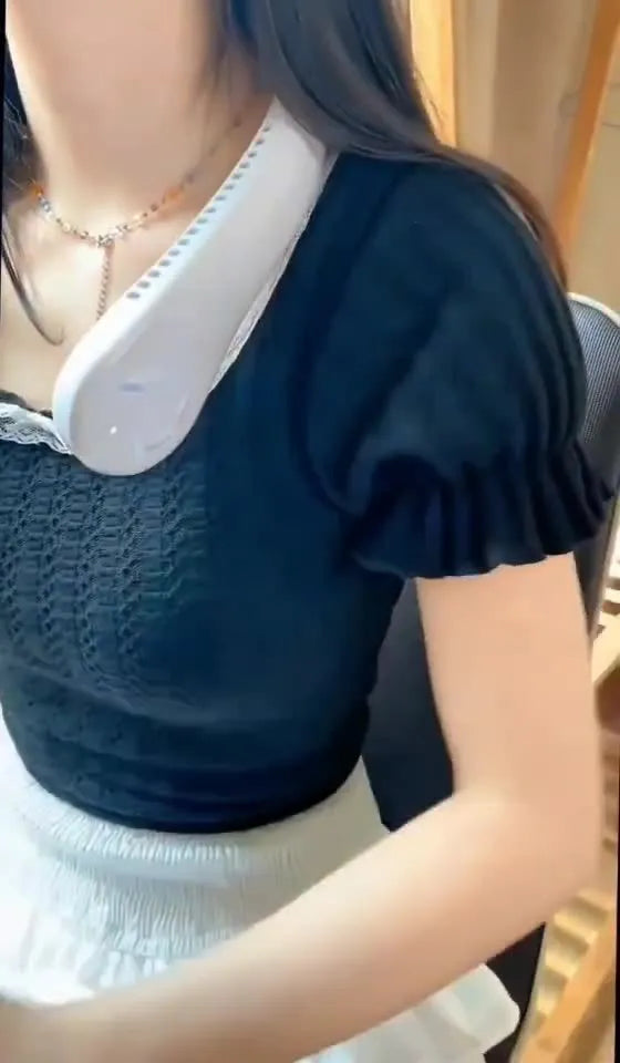 Blue bladeless neck fan with USB charging port and adjustable speed controls