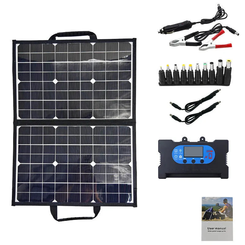 Black 40W solar folding bag showing folded configuration and single crystal solar cells