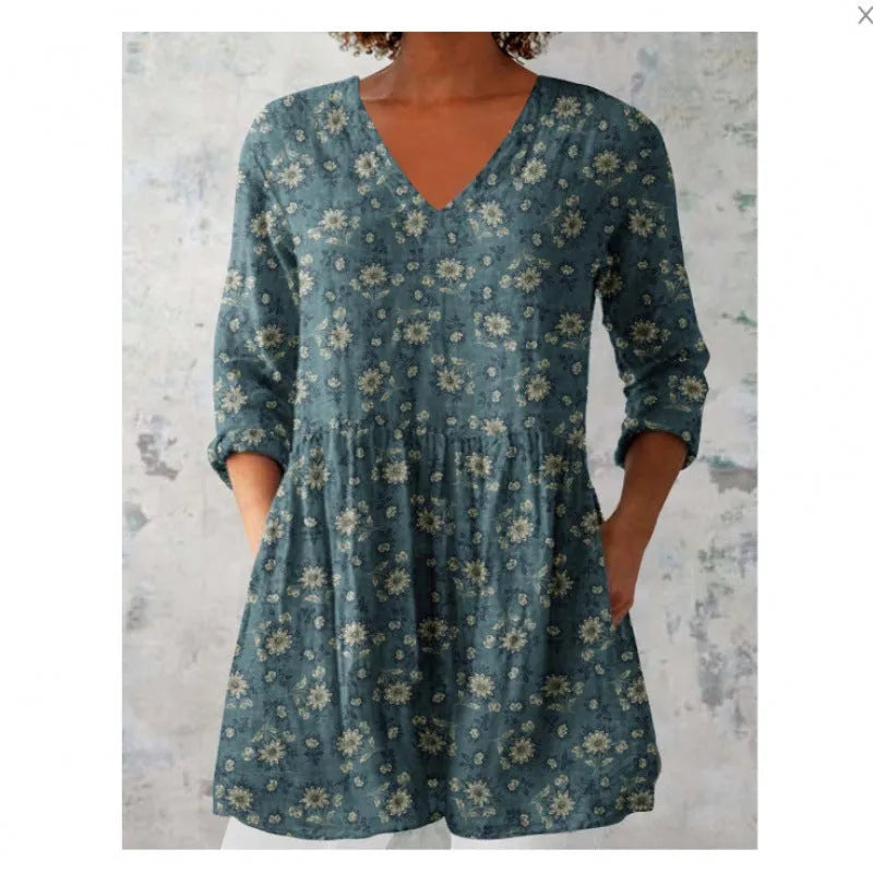 Women's printed floral dress with loose fit, wide waist, and 3/4 ruffle sleeves