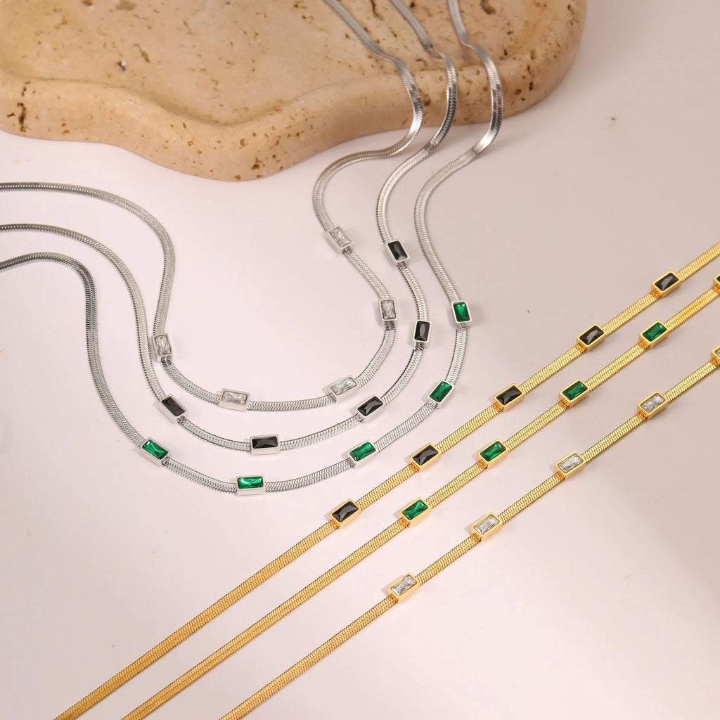Geometric square zircon necklace with stainless steel flat snake chain in gold or steel colour