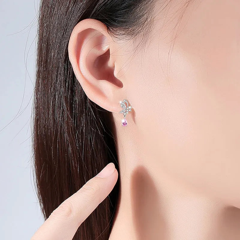 Butterfly design silver stud earrings with colour accents on 925 sterling silver posts