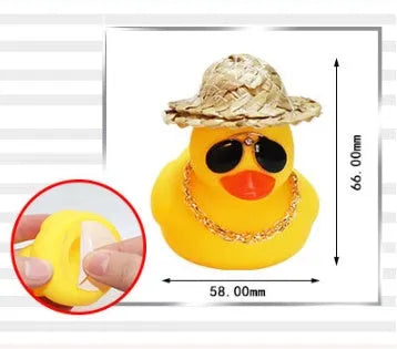 Straw hat yellow duck cartoon car dashboard ornament with sunglasses accessory on matte finish