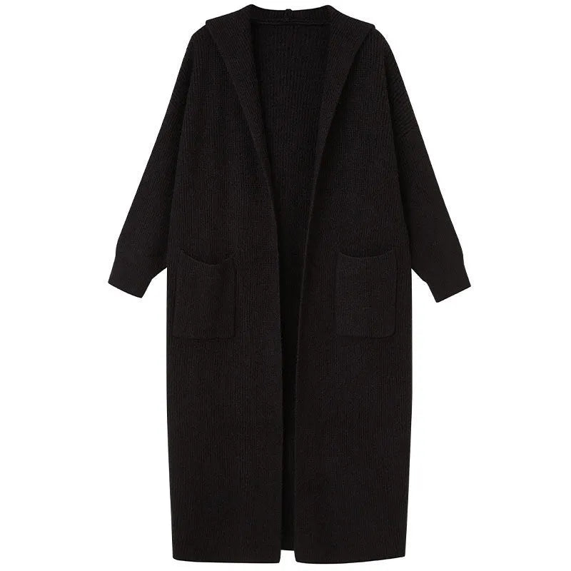 Long knitted hooded cardigan trench coat in wool blend cashmere fabric showing splicing sleeve details