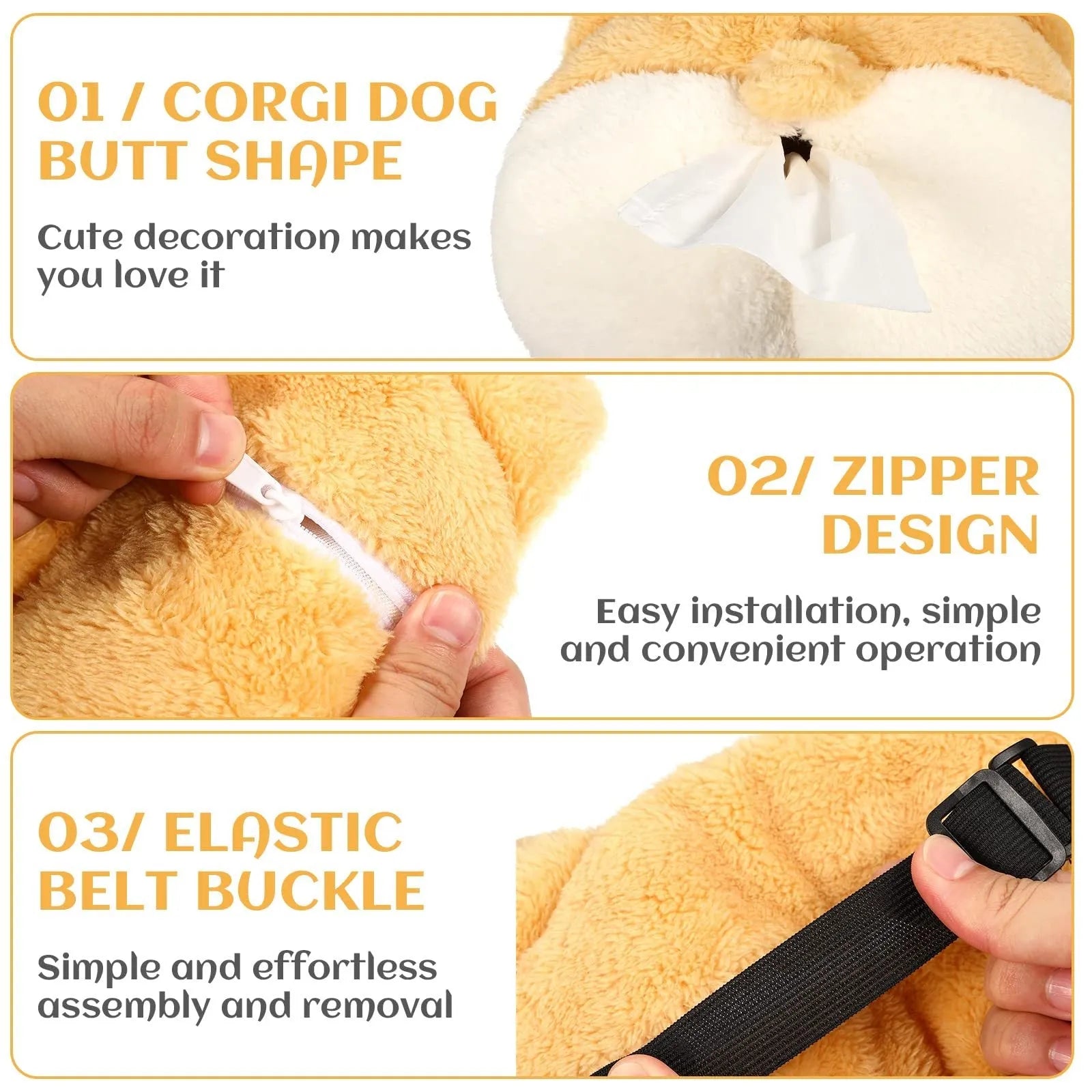 Yellow corgi butt-shaped polyester tissue box cover hanging on a car sun visor.