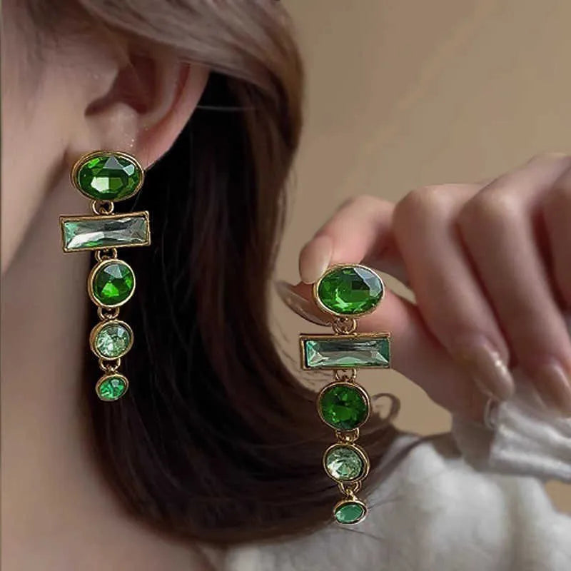 Green gradient geometric earrings with Chinese style design and tassel detailing