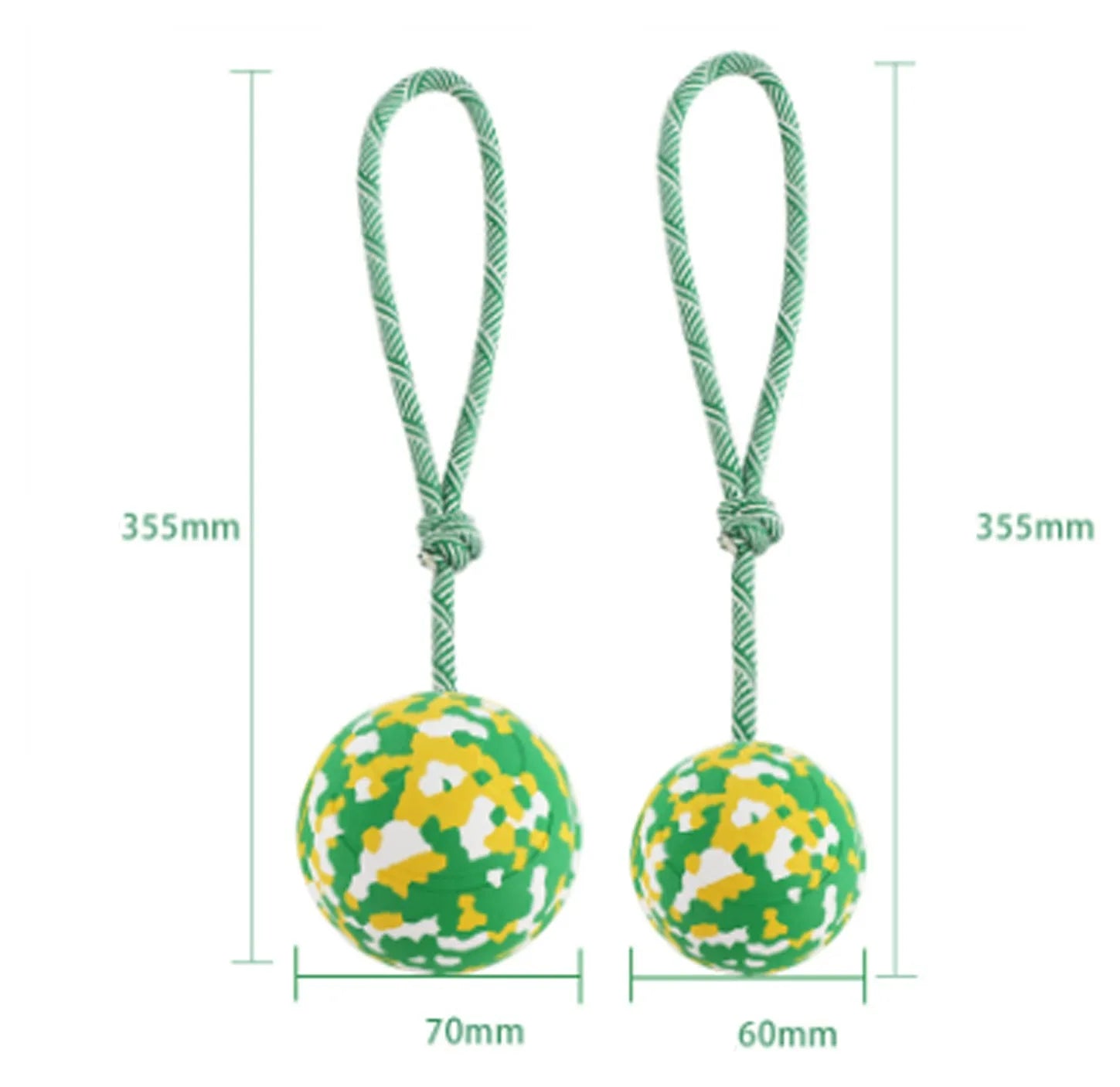 Natural rubber dog ball with nylon rope attached, suitable for fetch and tug games with medium small dogs