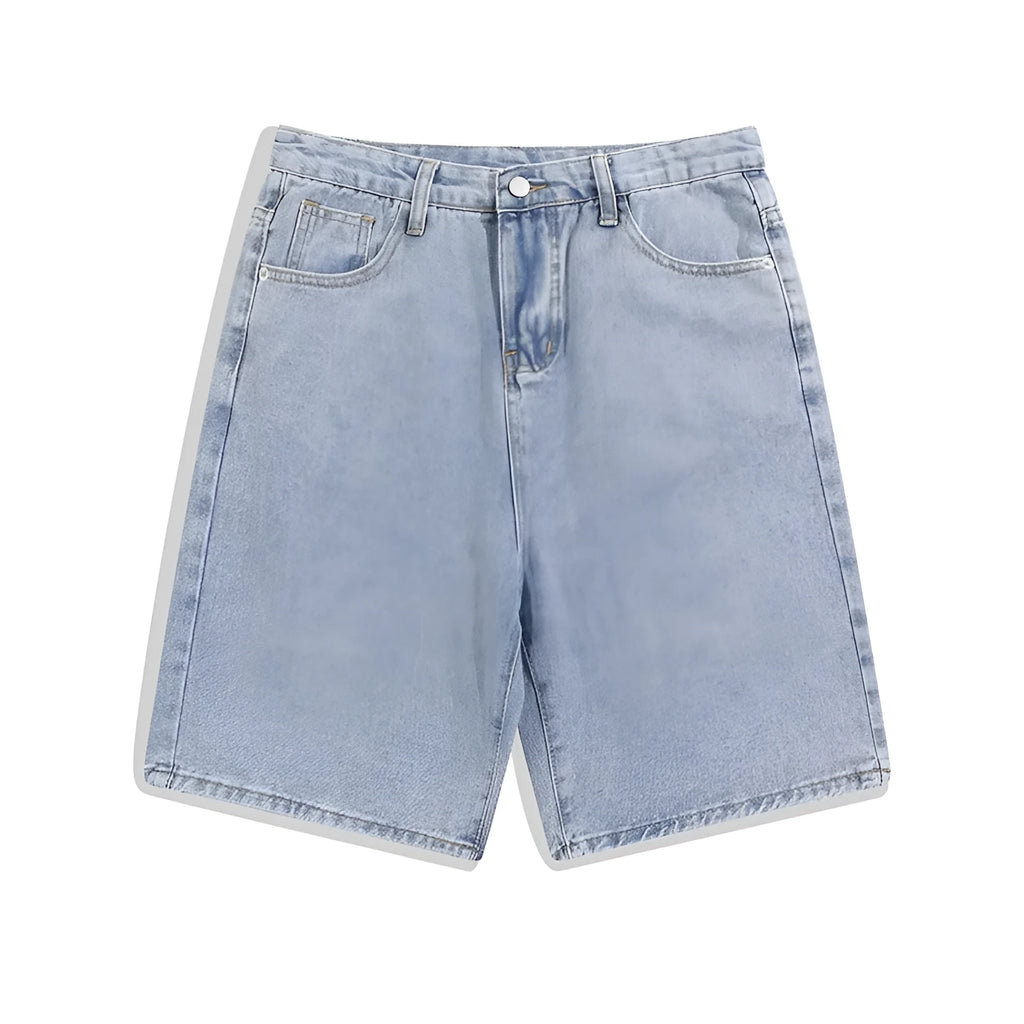 Men's light blue denim shorts with straight legs and five-pocket design on a mid waist.