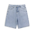 Men's light blue denim shorts with straight legs and five-pocket design on a mid waist.