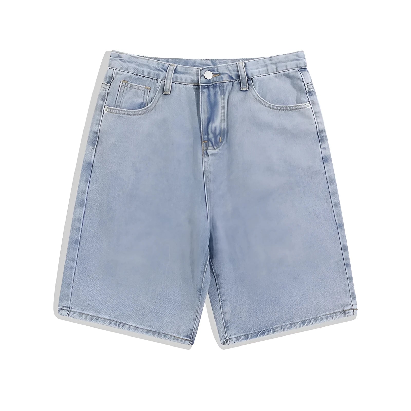 Men's light blue denim shorts with straight legs and five-pocket design on a mid waist.