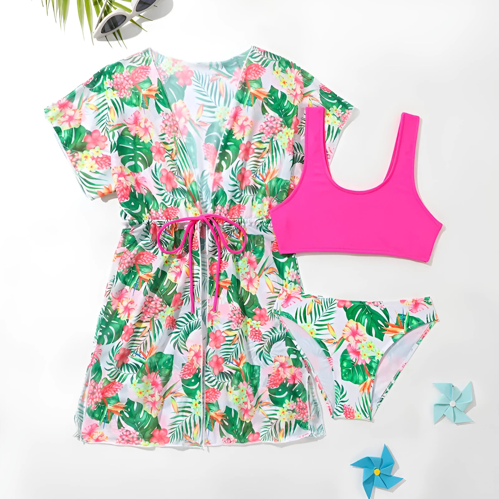 Girls' floral two-piece swimsuit in high-elasticity polyester fabric