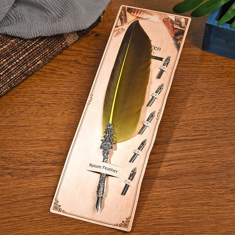 Retro feather pen with zinc alloy shell in vintage European and American design with ten colour options