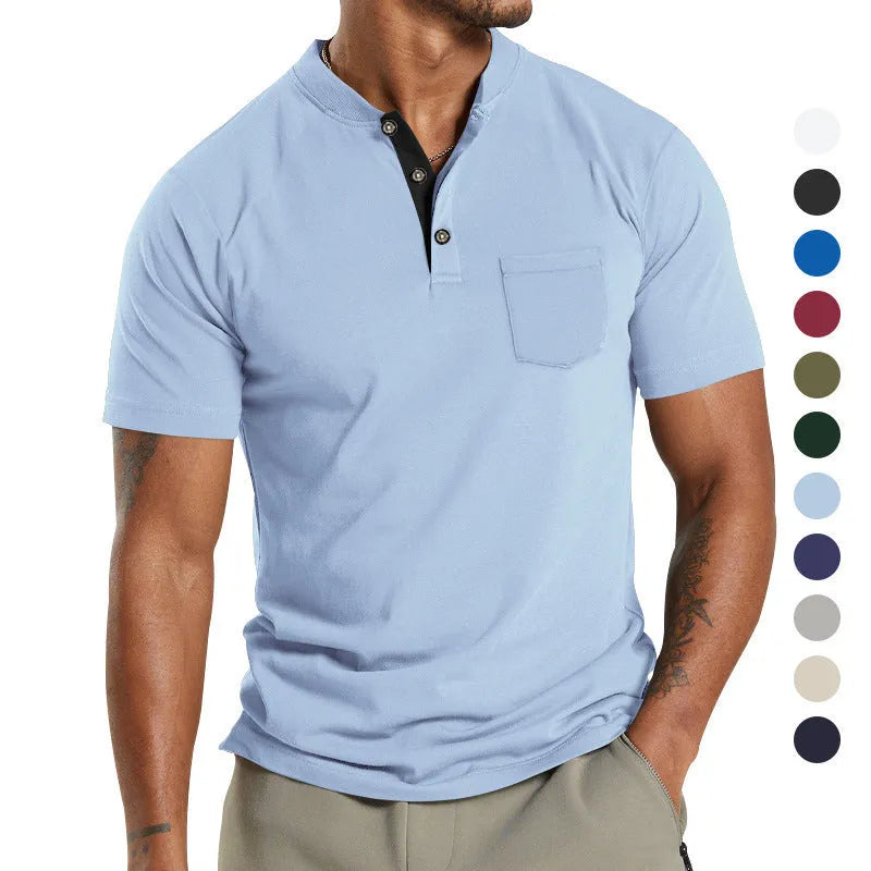 A man wearing a solid-colour plus size short sleeve button-up shirt with a chest pocket.