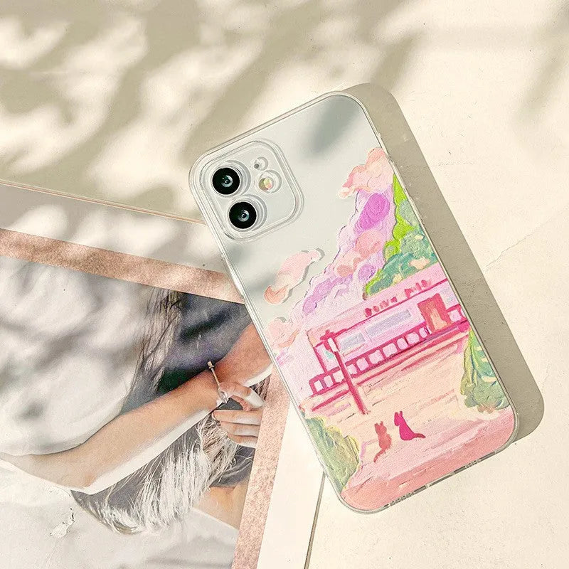 Colourful two cats cartoon design on a soft silicone iPhone rear cover case.