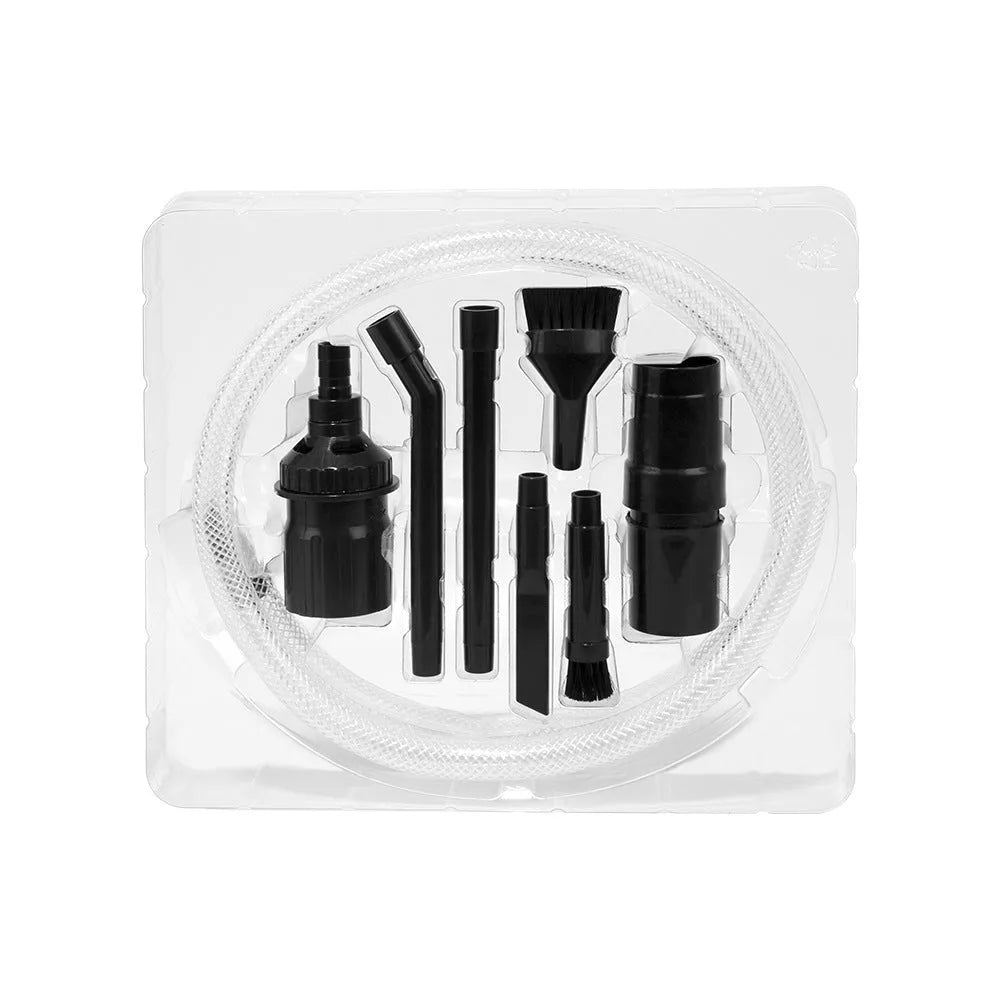 Eight-piece vacuum cleaner attachment set with various suction heads including floor brush and upholstery tool