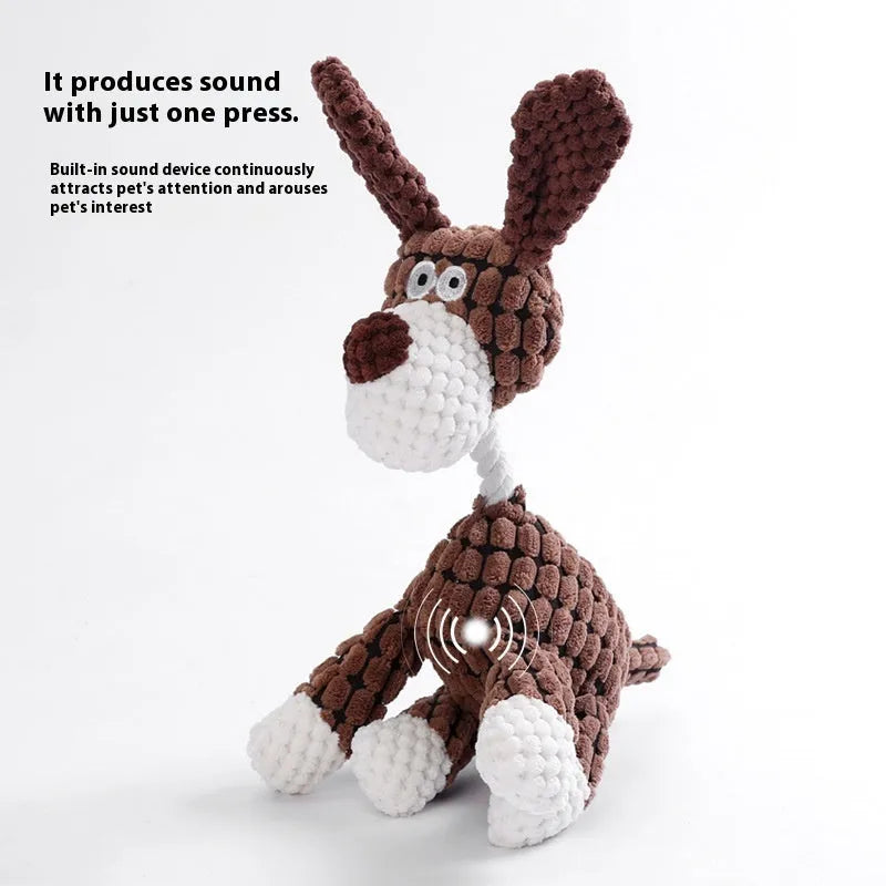 Assortment of bite-resistant plush pet toys including donkey, duck, elephant, and dog styles for puppy chewing.