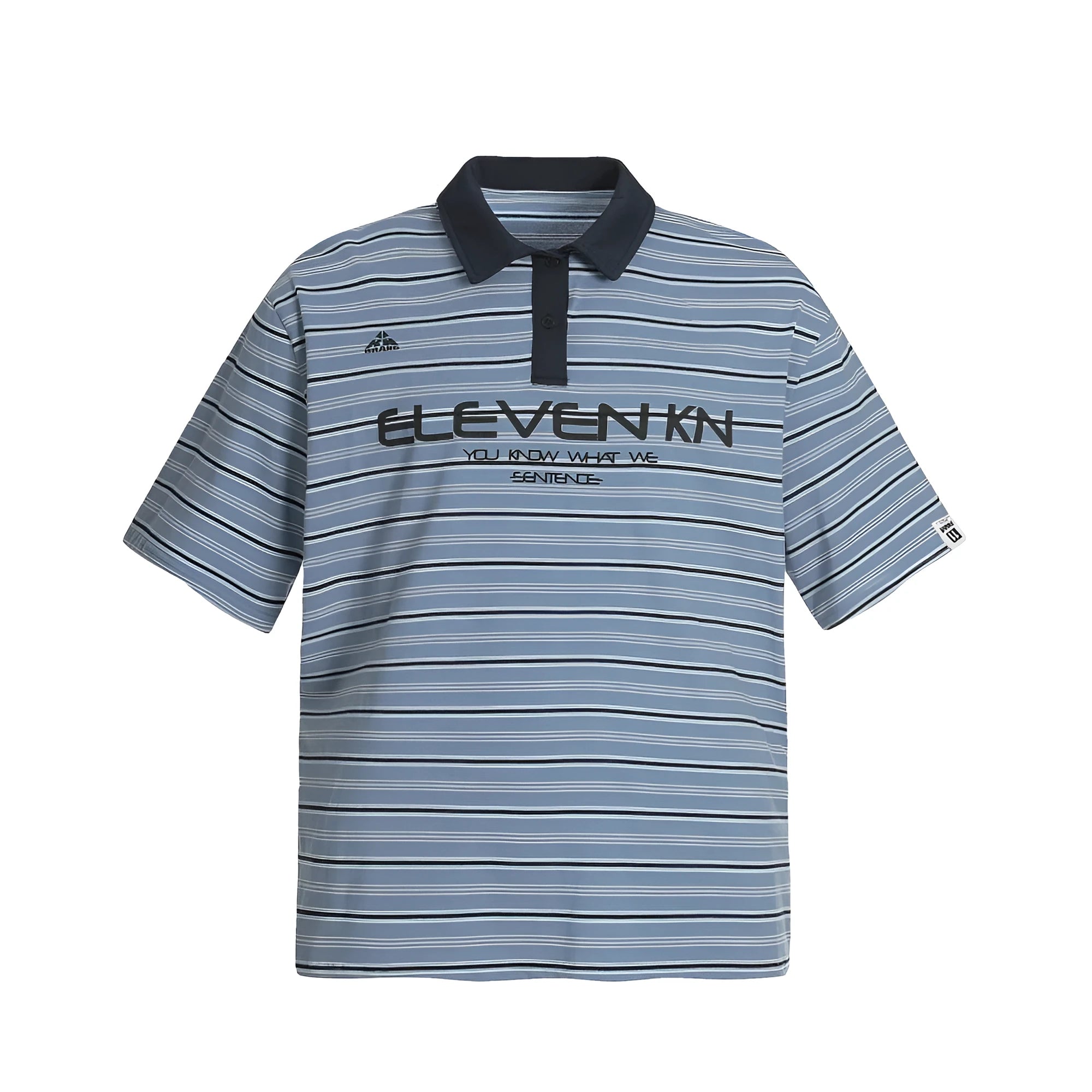 Man's blue and white vintage stripe cotton polo shirt with short sleeves and a loose fit.