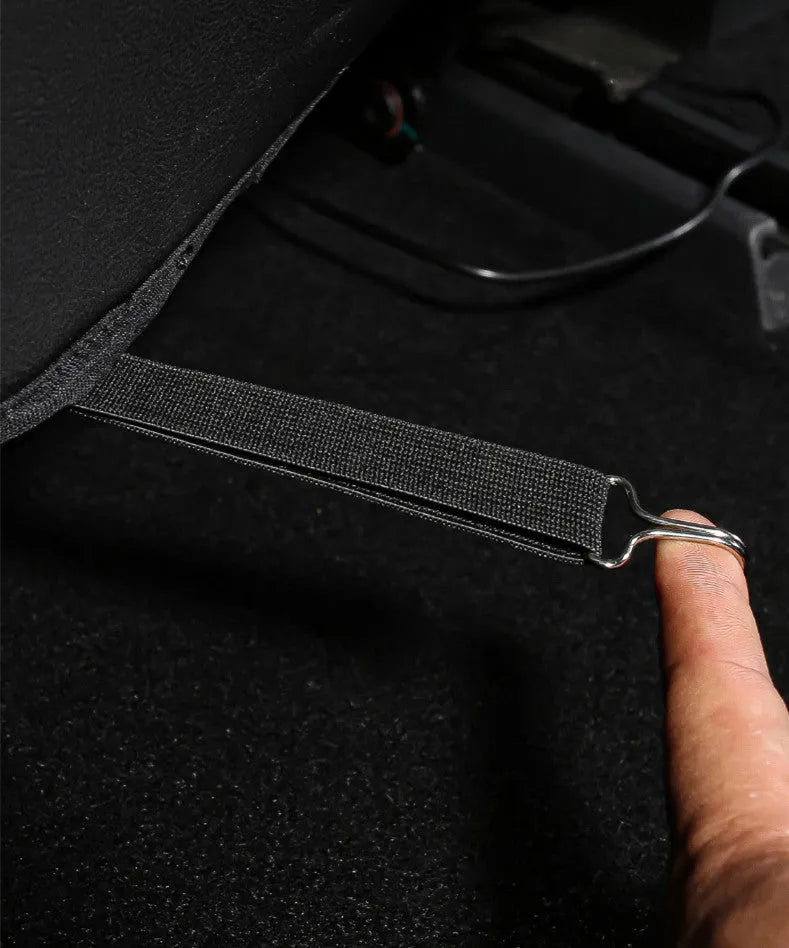 Black leather motorcycle rear anti kick pad with single pocket, dimensions 68cm by 42cm