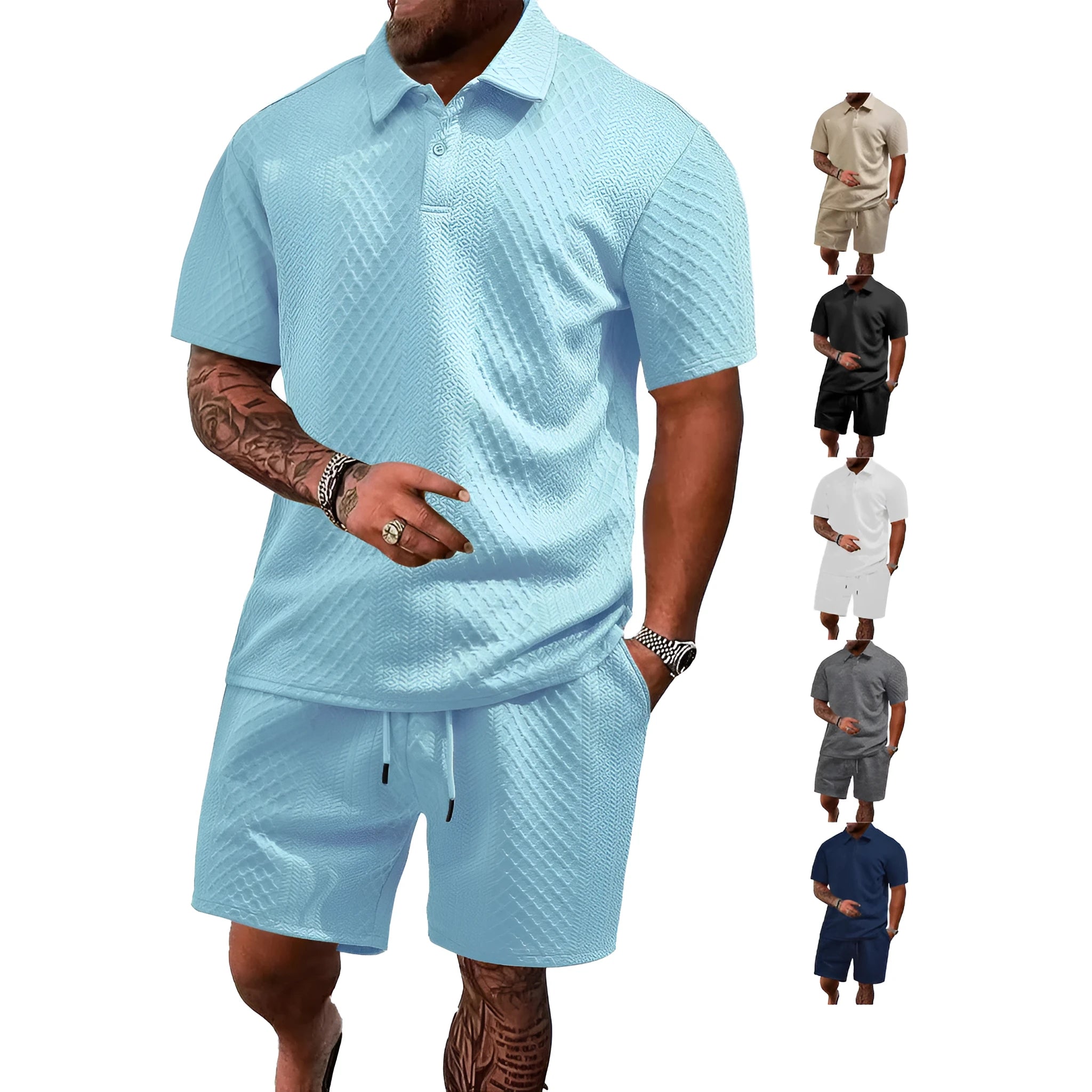 Men's casual short sleeve polo suit with matching trousers in polyester figure cloth, showing colour options.