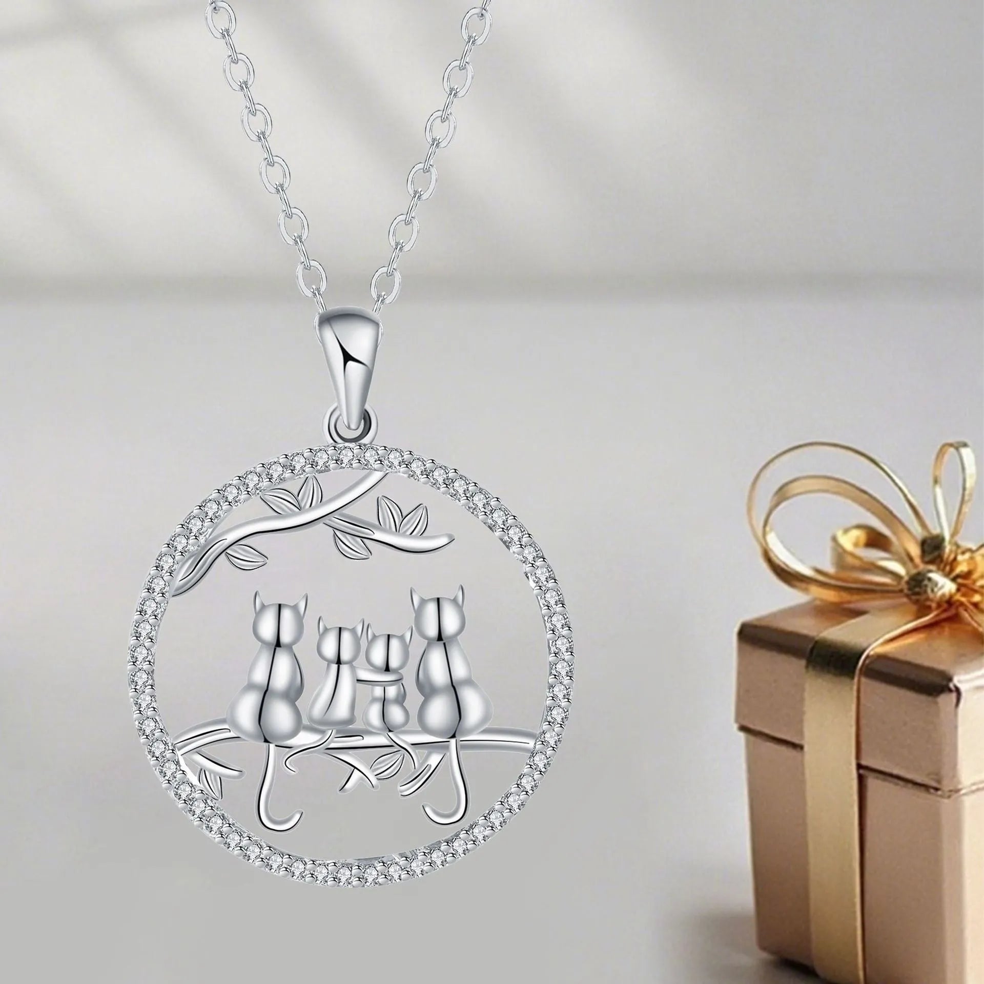 Four Kitten Necklace women's cat pendant jewellery with copper cross chain and electroplated finish