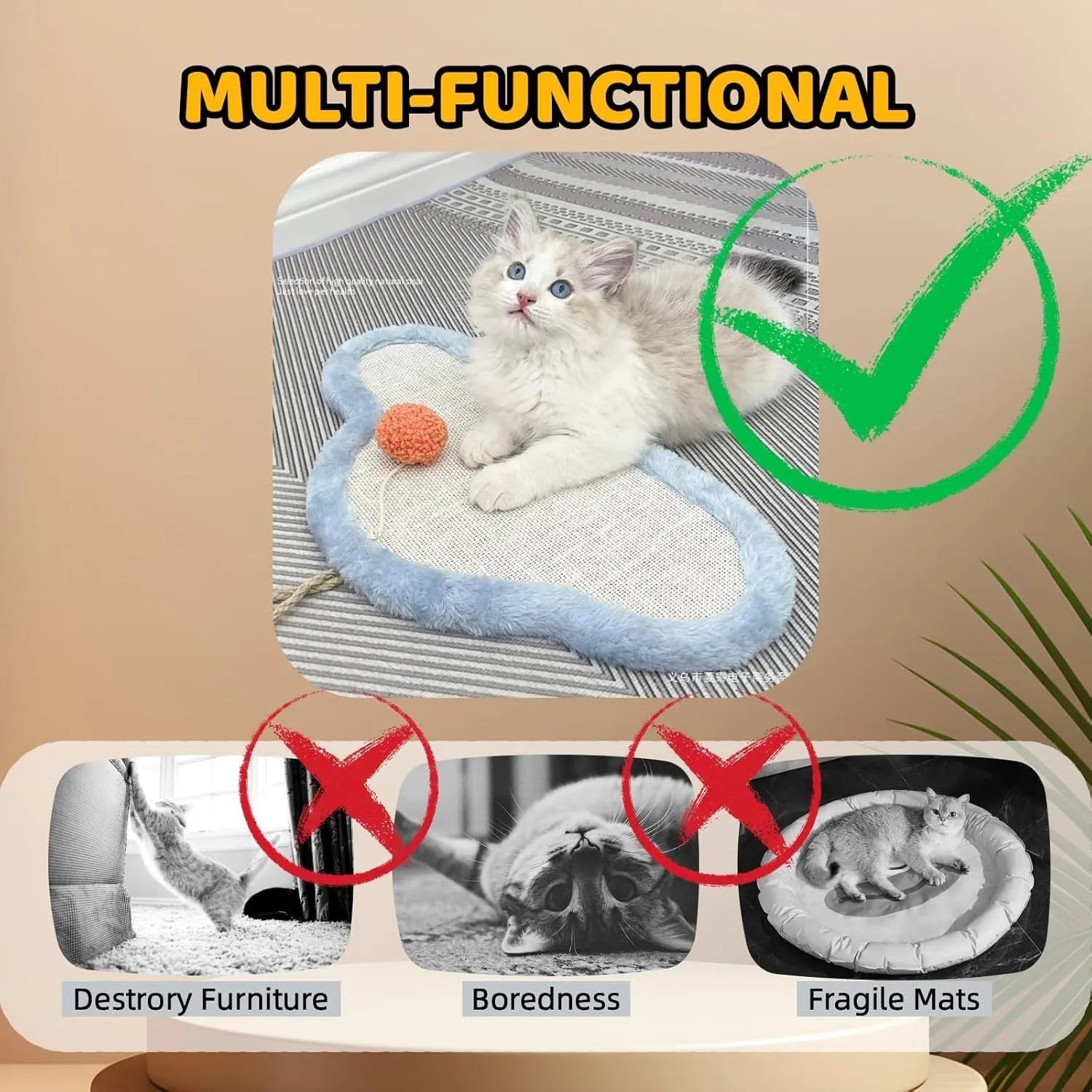 White cat scratching mat with sleeping cat cartoon design made from natural sisal fibres