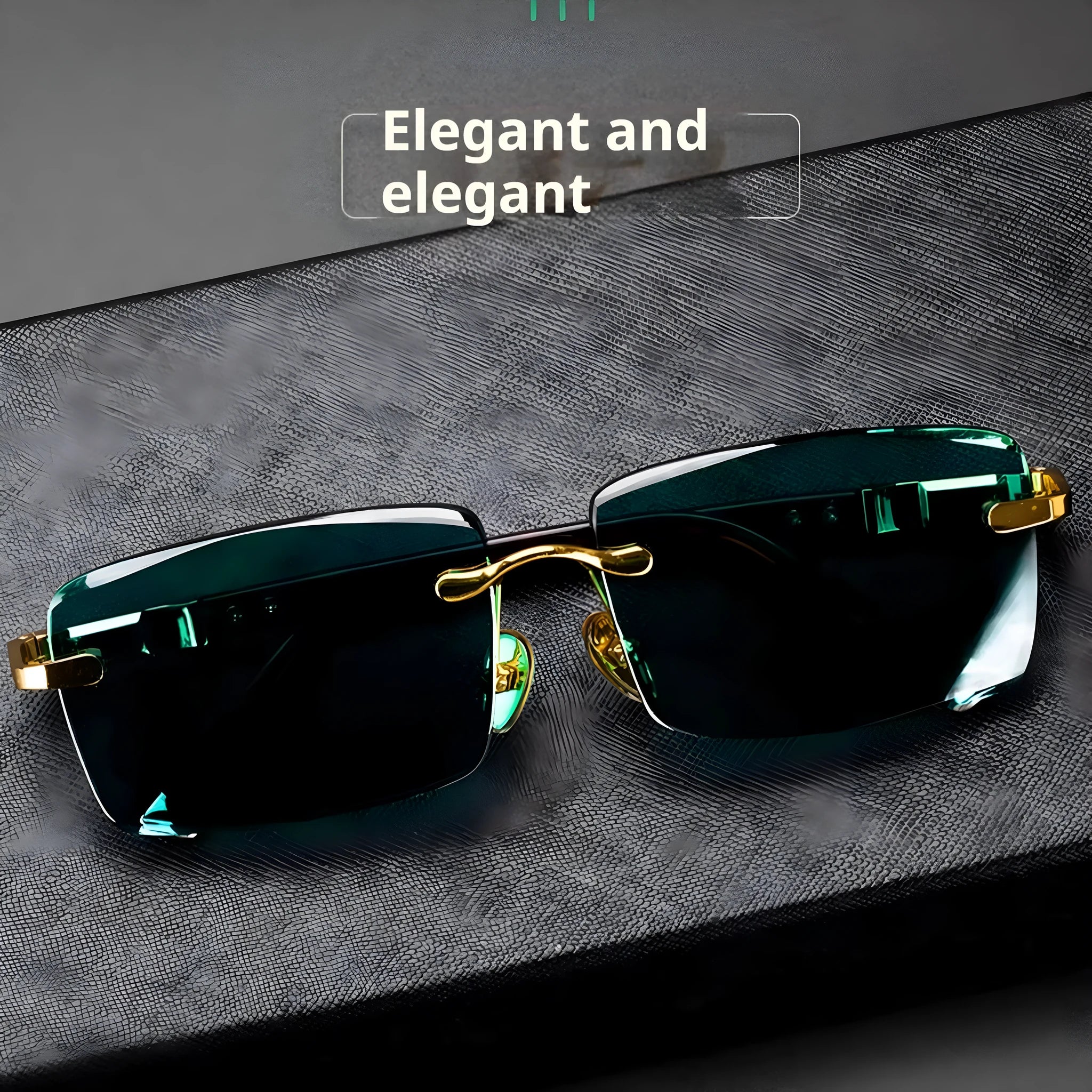 Dark green frameless crystal sunglasses on a case with a lens cloth.