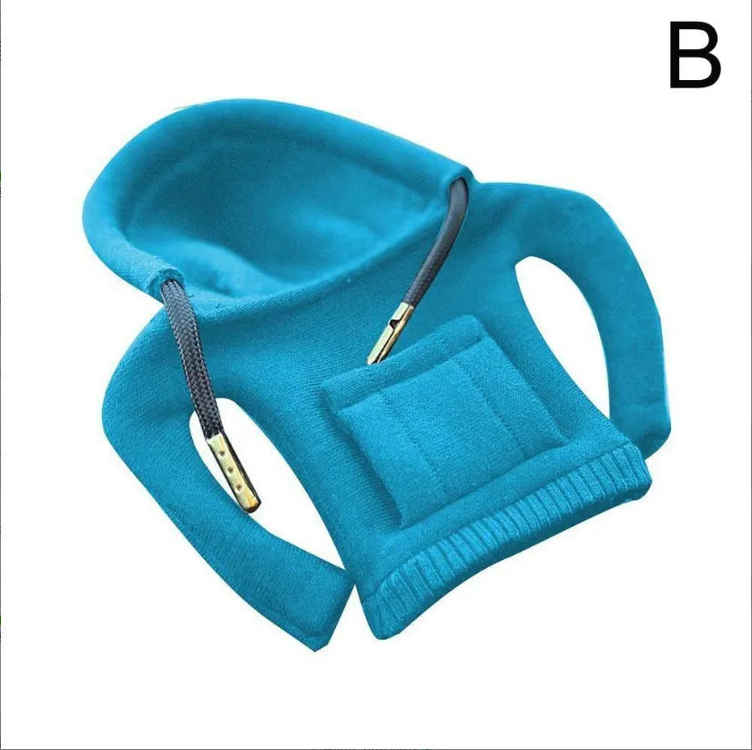 Blue cloth gear shift knob hoodie cover on a car gear lever