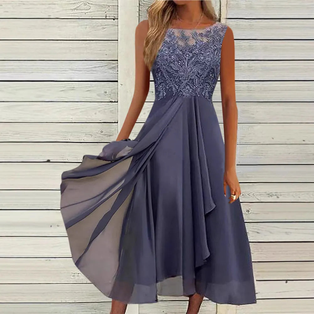 Women's sleeveless chiffon dress with lace stitching detail in midi length