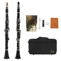 Black Bakelite clarinet with nickel keys showing 17-key mechanism and included carrying bag