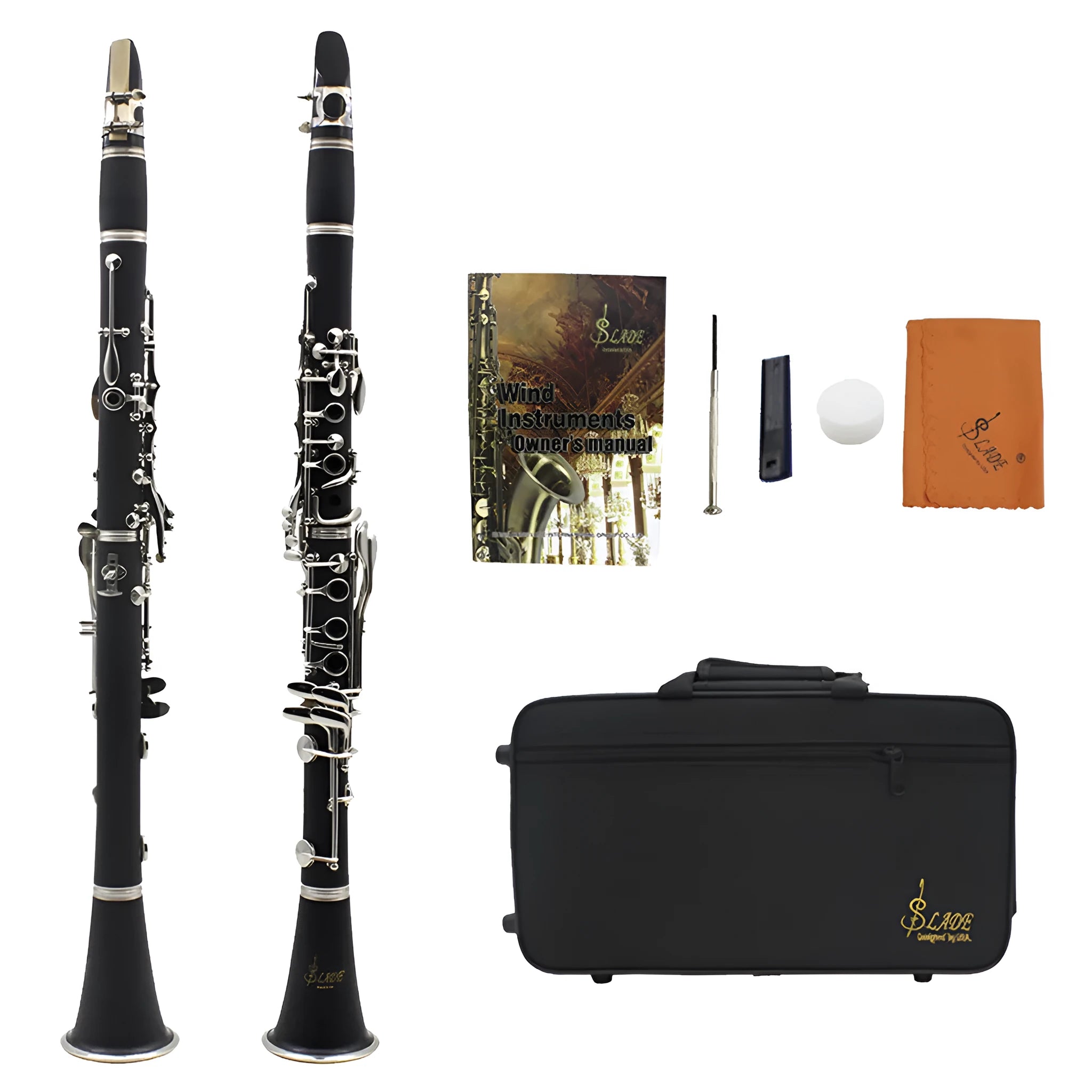 Black Bakelite clarinet with nickel keys showing 17-key mechanism and included carrying bag