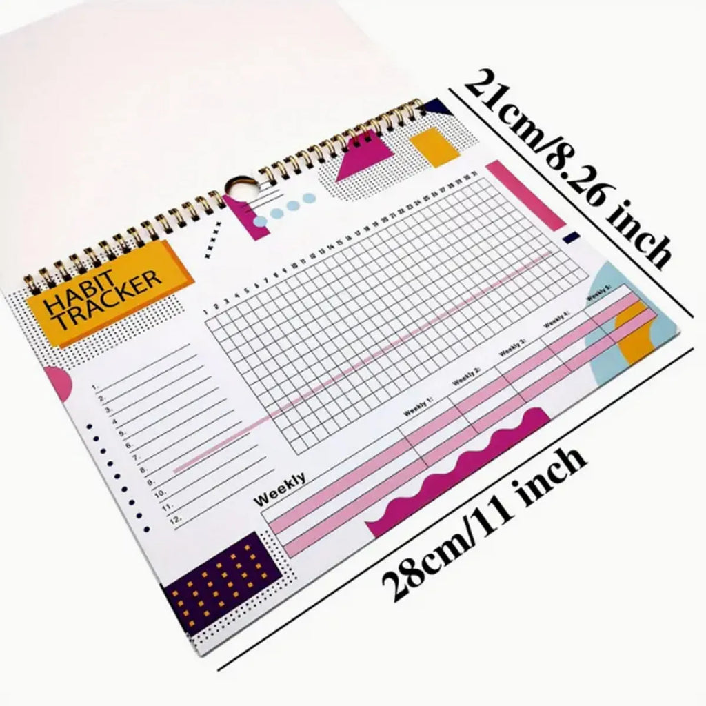 English habit tracking device showing 21cm by 28cm size with 12 internal pages for self-discipline planning