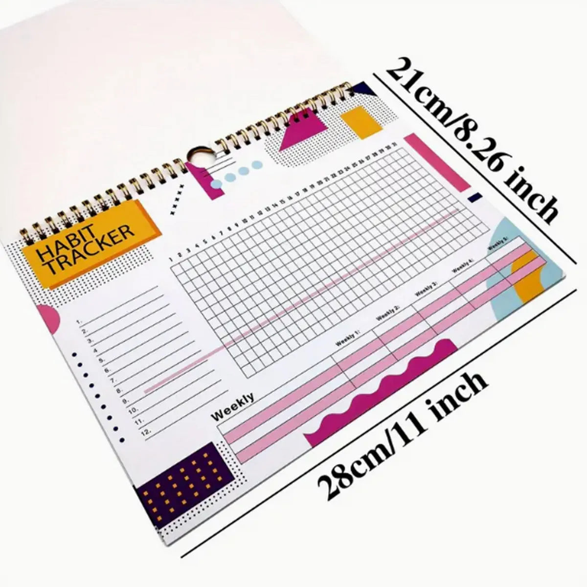 English habit tracking device showing 21cm by 28cm size with 12 internal pages for self-discipline planning