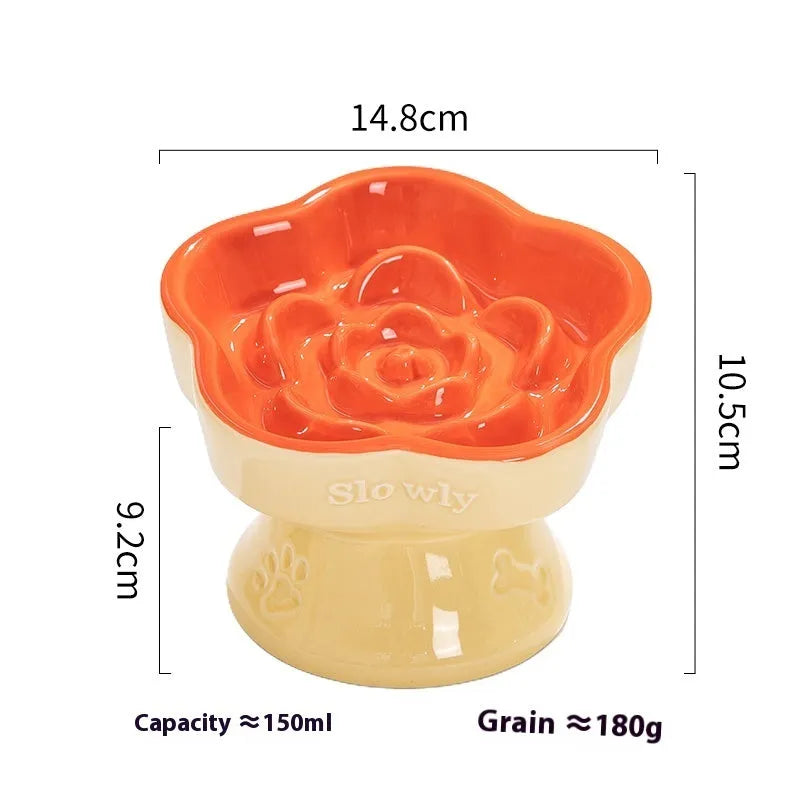 Ceramic pet bowl with anti-tumble design and raised chin support for cats and dogs