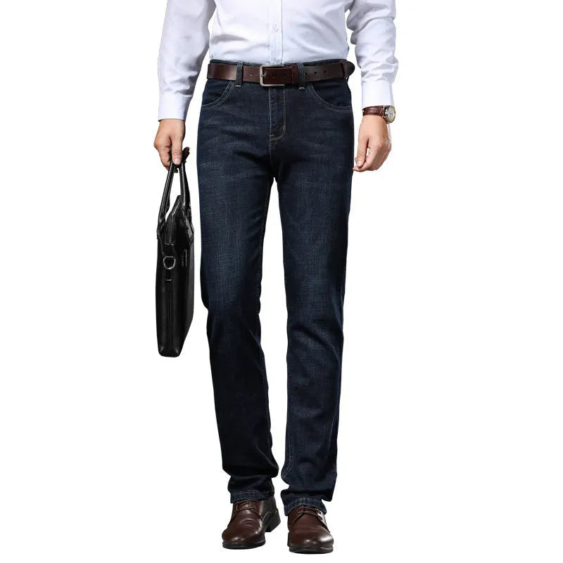 Men's black straight-leg stretch jeans with mid-waist and zip closure on plus size model
