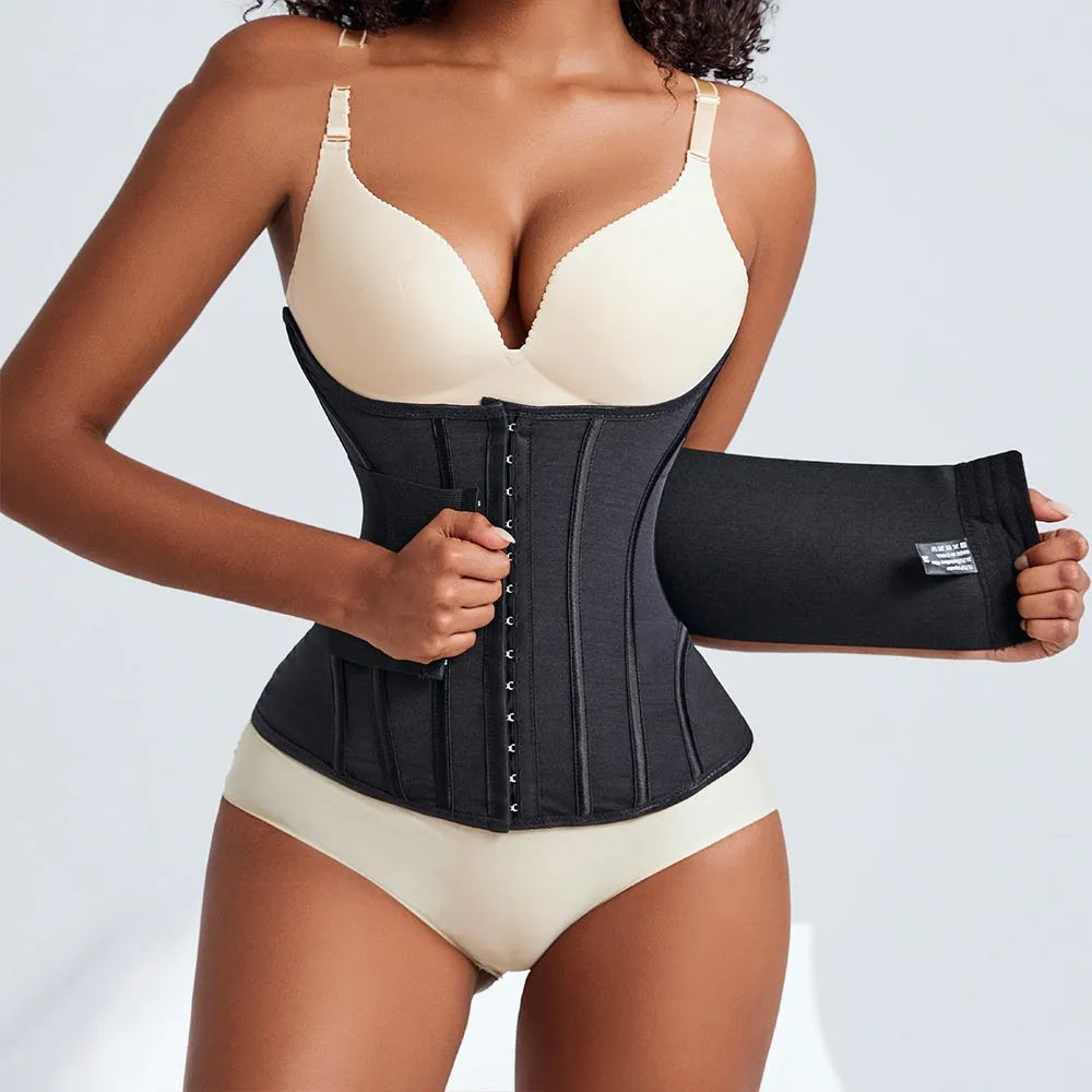 Nylon belly band for waist training in black or apricot colour with belt tie closure
